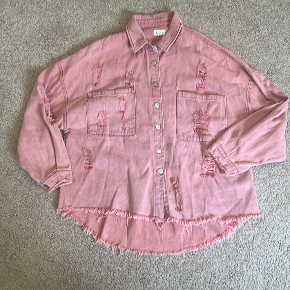 POL Women’s Distressed Denim Shacket Jacket Top  Size S